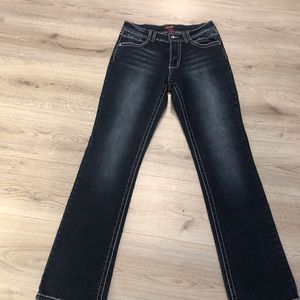 Women’s Angels Dark Blue Jeans White Grey Stitching SZ 8 Waist 28/29 Stretch